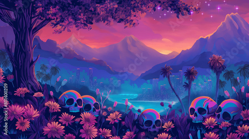 The many skulls in the topical beach and summer flower with forest tree isolation background, Illustration photo