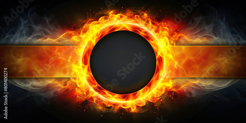 A fiery ring of intense flames, emitting a strong light, with a dark background in the centre and symmetrical smoke patterns protruding from the sides. AI generated.