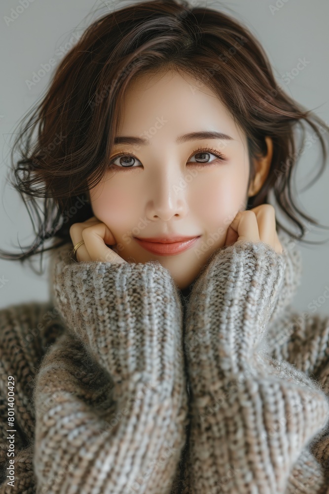 Asian Woman in Gray Sweater With Hands on Face Asian Woman in Gray Sweater With Hands on Face