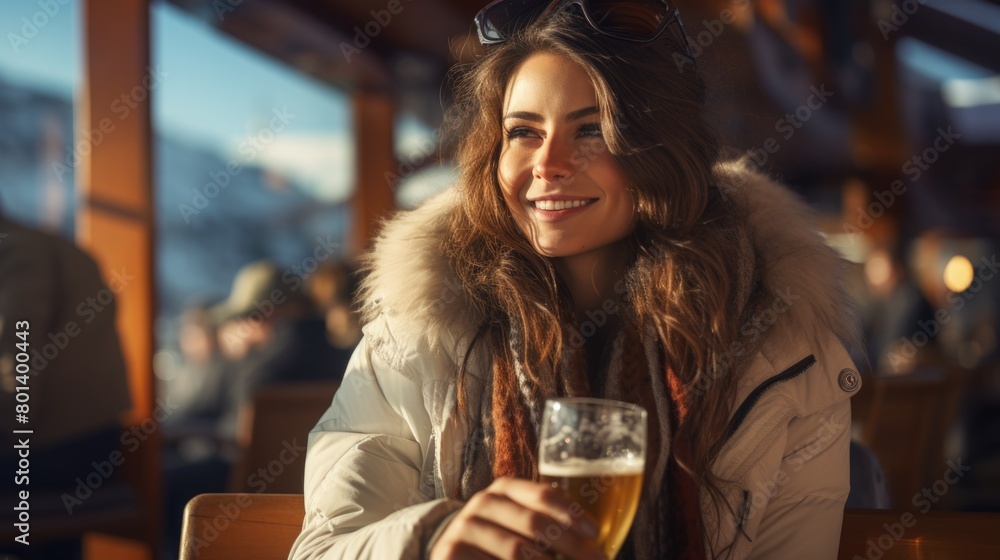 Young Woman Enjoying Beer in Cozy Winter Cafe Young Woman Enjoying Beer in Cozy Winter Cafe