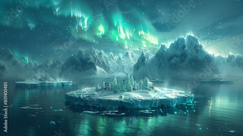 A surreal dreamscape of floating islands under a shimmering aurora.
