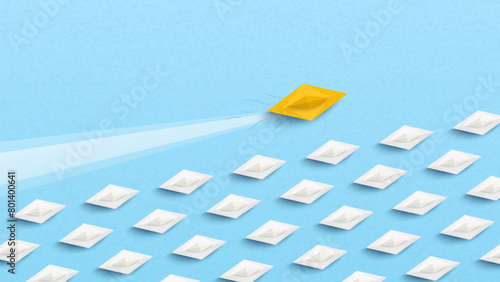 Concept of creativity, new ideas, and innovative. Different business. Vector illustrations.Yellow paper boat changing direction