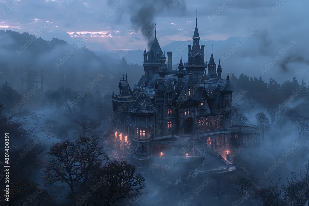 Capture the eerie essence of a haunted mansion at dusk, inspired by Poes tales, with a drone sweeping over shadowy turrets and misty moors