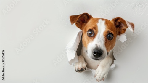 Adorable Jack Russell Terrier peeking through a hole in a white torn paper wall.