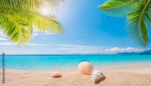 sunny tropical beach with turquoise water summer holidays vacation background seashells in sand palm tree on the beach