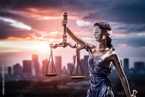Lady Justice symbolizes fairness, blindfolded, holding scale and sword against urban backdrop