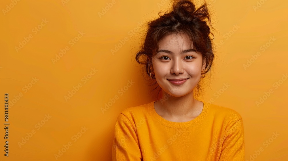 Smiling Young Woman With Messy Top Knot Smiling Young Woman With Messy Top Knot