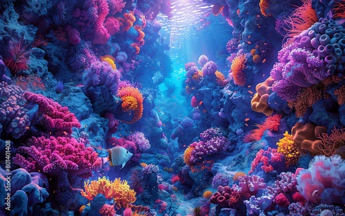 Dive into a fantastical underwater world where vibrant coral reefs swirl around a central, enigmatic abyss Merge psychedelic hues with surreal creatures hinting at subconscious depths through a modern