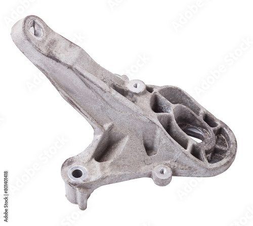 Metal bracket - a supporting part or structure used to mount car elements on a white isolated background in a photo studio. Spare parts for replacement or sale in a car service. photo