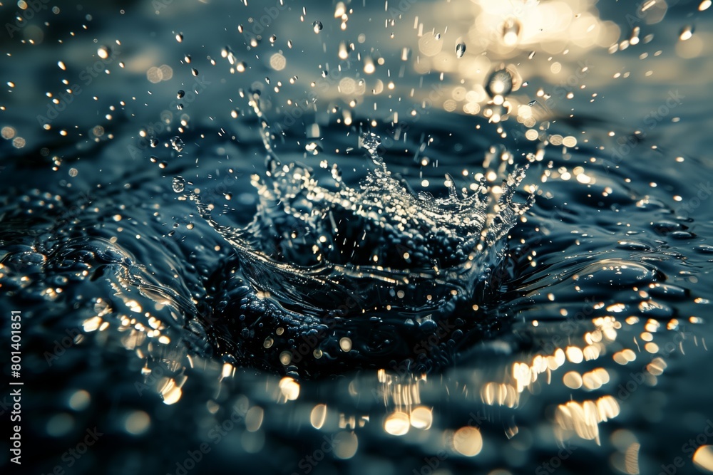 A dynamic close-up of a single splash of water with droplets suspended in the air, reflecting light and giving a sense of freshness A dynamic close-up of a single splash of water with droplets suspended in the air, reflecting light and giving a sense of freshness