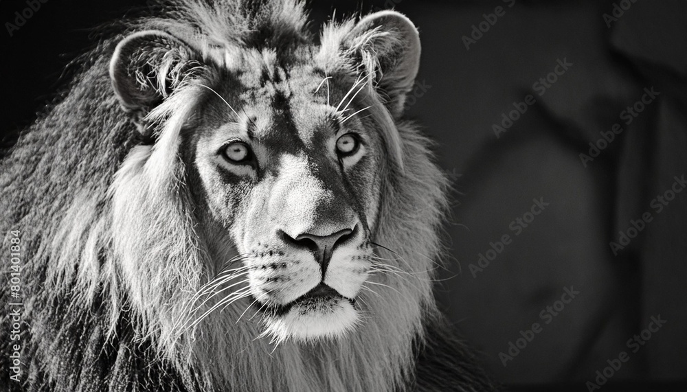 sunning black and white portrait of a stern lion staring fiercely on a black background