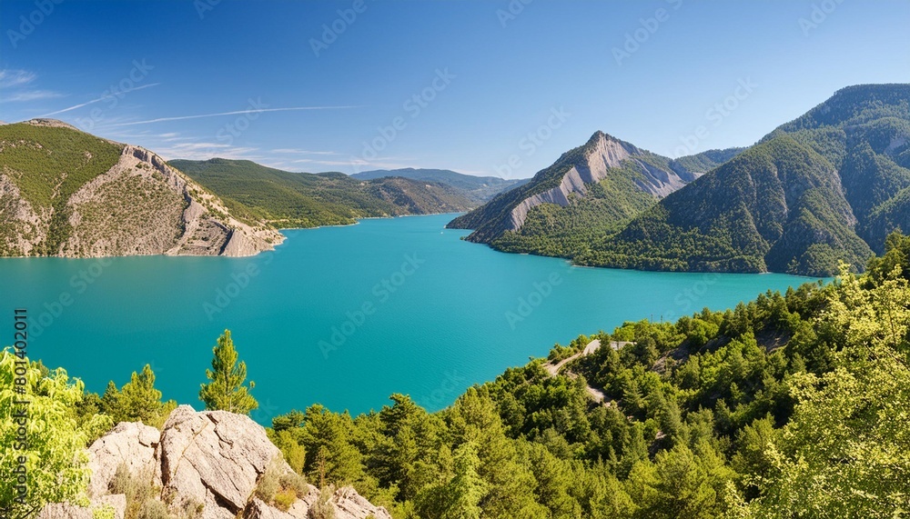 scenic panorama view on lake castillon in provance france