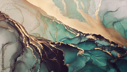abstract watercolor paint background by deep teal color gold and green with liquid fluid texture for backdrop