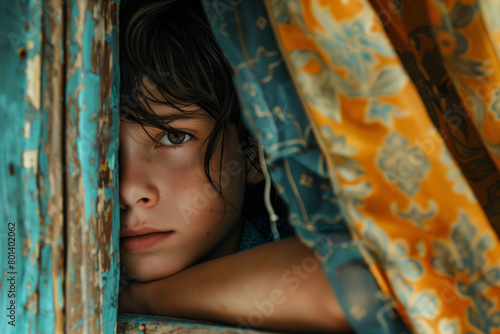 a child's obscured face, hiding behind vibrant traditional fabric in a rustic window