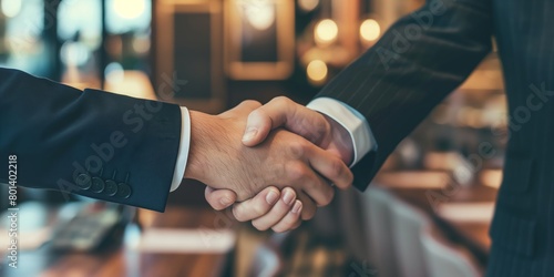 The finalizing moment of a business agreement captured in a close-up handshake, symbolizing trust and partnership photo