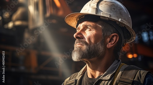 Hardworking Construction Worker in Industrial Setting at Sunset