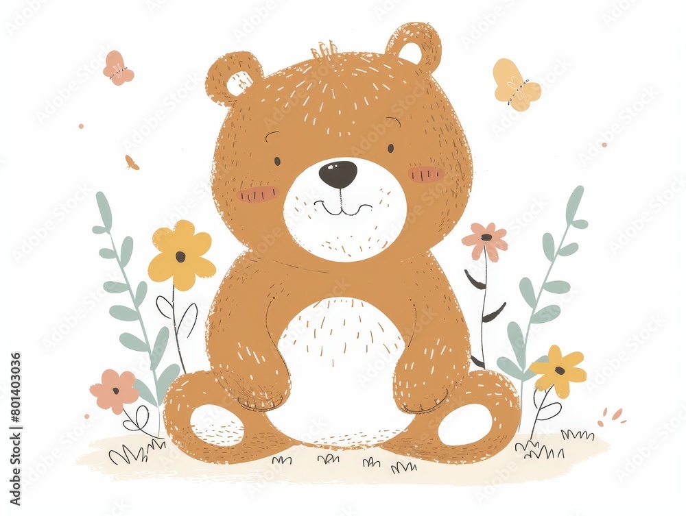 Brown Bear Sitting on Top of Field of Flowers Brown Bear Sitting on Top of Field of Flowers