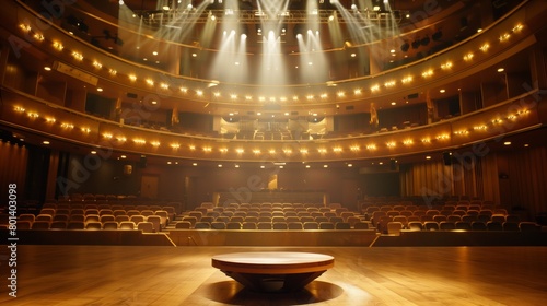 Empty theater interior with spotlight beams lighting up an elegantly designed stage and seating area. photo