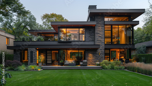 A modernist house with black steel cladding, large glass windows and a lush green lawn. The front facade is symmetrical, featuring multiple balconies for outdoor living spaces. Created with Ai photo
