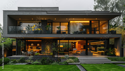 A black modernist house with glass windows and large sliding doors, surrounded by lush green grass on the front lawn, designed in the style of Richard Nelessen's work. Created with Ai