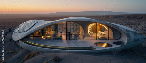 Isolated aerial drone shot, modern futuristic hyperbolic paraboloid sustainable design concrete eco home at sunset, golden hour, with photovoltaic solar panels. Minimalist, trendy, luxury, stylish © Goodwave Studio