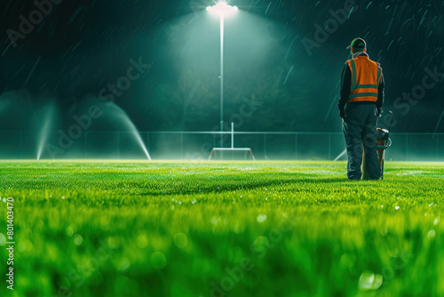 Groundskeeper working under stadium lights at night, maintaining a lush green football pitch. photo
