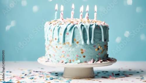 'Cake White Pastel Blue Background. Birthday confetti candle vanilla pink plate celebration happy baby background baked bright burn candlelight colours colourful confectio' photo