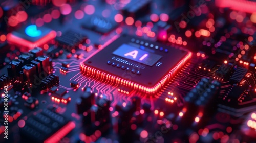 Close-up of an advanced AI microchip on a motherboard with glowing red and blue lights.