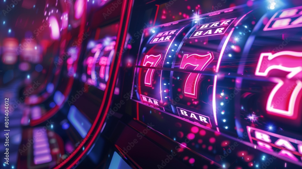 Vibrant close-up of slot machine screens displaying icons like BAR and lucky sevens in a neon-lit casino setting. Vibrant close-up of slot machine screens displaying icons like BAR and lucky sevens in a neon-lit casino setting.