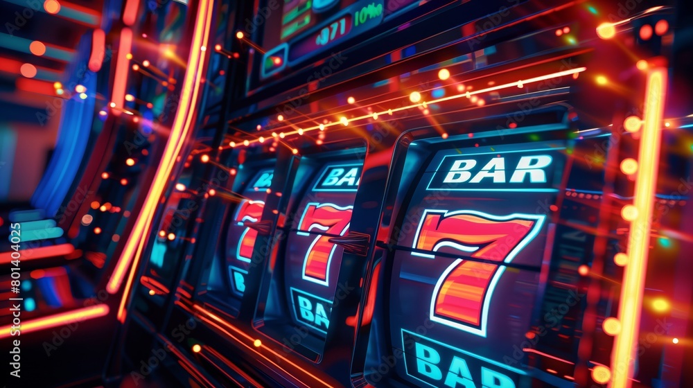 Vibrant close-up of slot machines with neon lights displaying symbols like 'BAR' and '7'. Vibrant close-up of slot machines with neon lights displaying symbols like 'BAR' and '7'.