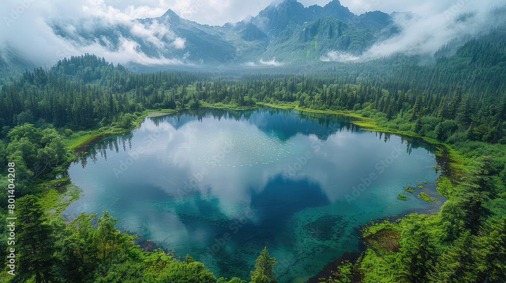 A panoramic view of the serene Alaskan wilderness, with lush green forests surrounding an emerald blue lake reflecting distant mountains and clouds. Created with Ai