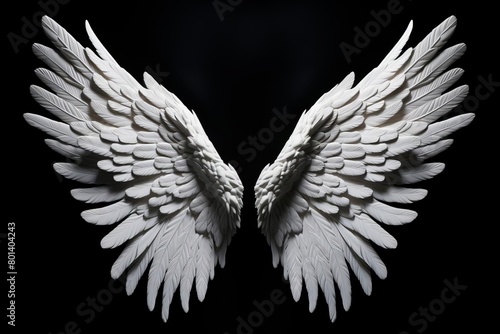 High contrast monochrome shot of angel wings, with sharp details against a deep, matte black background, enhancing the symbolic purity and simplicity photo
