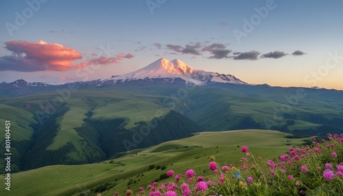 elbrus mount with pink clouds at sunrise view from gil su valley in north caucasus russia