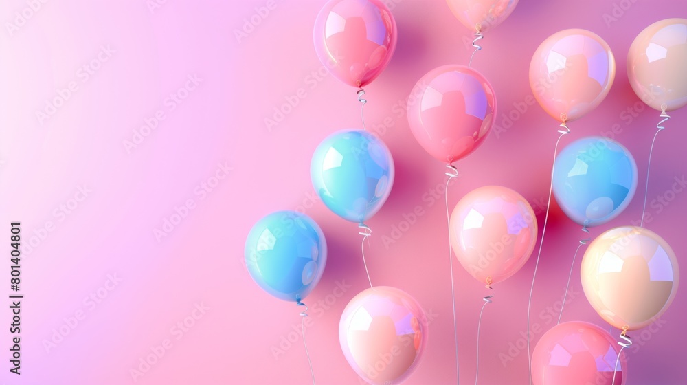 An array of glossy balloons in blue and pink hues against a soft pink background.