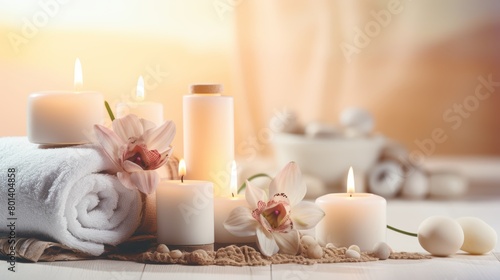 Beautiful spa treatment composition such as Towels, candles, essential oils, Massage Stones on light wooden background. blur living room, natural creams and moisturizing Healthy lifestyle, body care