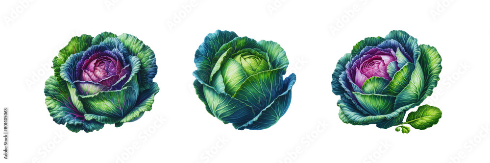 Fototapeta premium Set of Cabbage watercolor illustration, isolated over on transparent white background