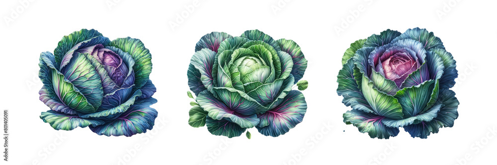 Obraz premium Set of Cabbage watercolor illustration, isolated over on transparent white background