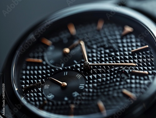 A close up of a black wristwatch with a black dial and rose gold hands.