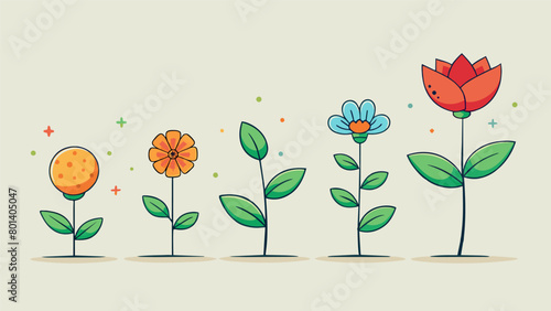 A series of sketches showing the progression of a flower from a seed to full bloom symbolizing the artists personal growth and healing with the help. Vector illustration