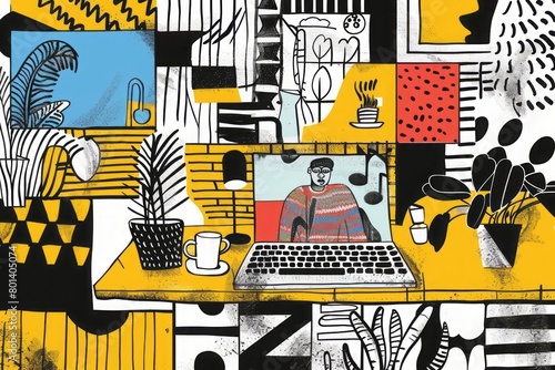 A minimalist black and white line art drawing with a pop of color for a chic laptop wallpaper