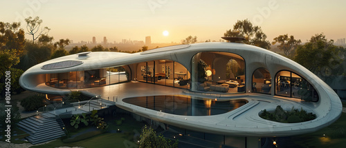 Isolated aerial drone shot  modern futuristic hyperbolic paraboloid sustainable design concrete eco home at sunset  golden hour  with photovoltaic solar panels. Minimalist  trendy  luxury  stylish