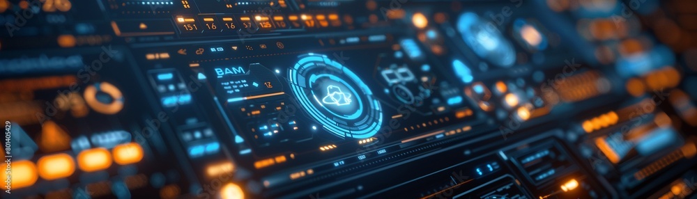 Fototapeta premium Futuristic spaceship control panel dashboard with glowing blue and orange lights