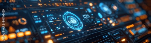 Futuristic spaceship control panel dashboard with glowing blue and orange lights photo
