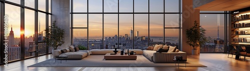 Modern living room interior with floor-to-ceiling windows looking out over a city at sunset.