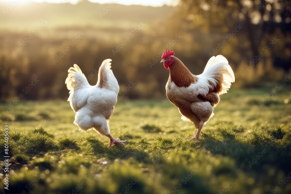 Fototapeta premium 'free running chicken hen range meadow natural bird agriculture green white farmland red field feather grass summer outside farm poultry female farming animal run rural outdoors yard domestic nature'