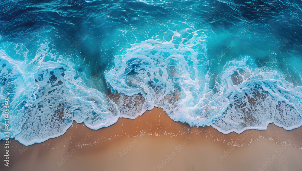 Aerial view of ocean waves crashing on the beach, showcasing its vastness and beauty. Created with Ai