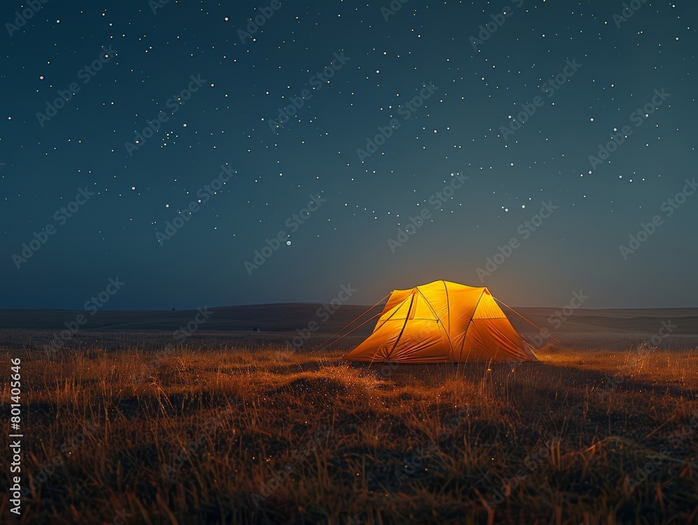 Yellow Tent in Field at Night