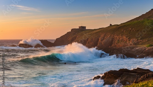 waves crashing on the coast at sunset
