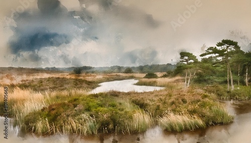 watercolour painting of the marsh landscape a picturesque wetland environment in soft natural harmonious colours