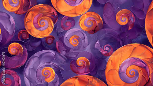 A tessellation of interlocking spirals and imperfect circles in shades of purple and orange photo